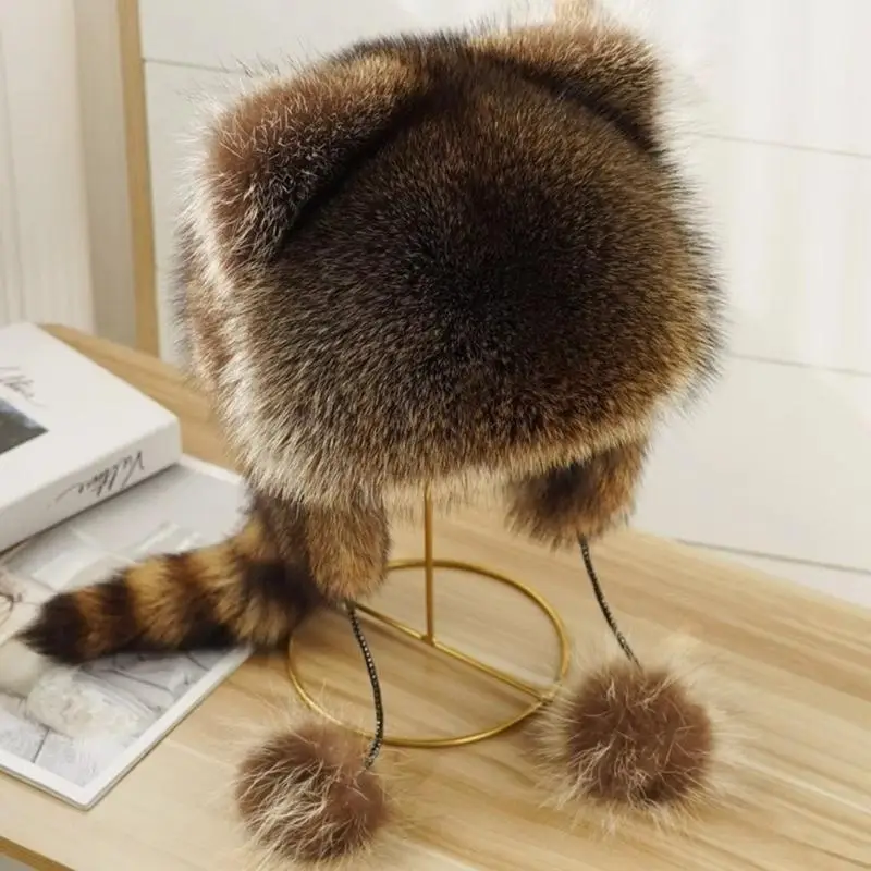 

39BC Plush Hat for Adult Children Teens Outdoor Commute Windproof Raccoon Tail Hat Russian Winter Keep Warm Hat