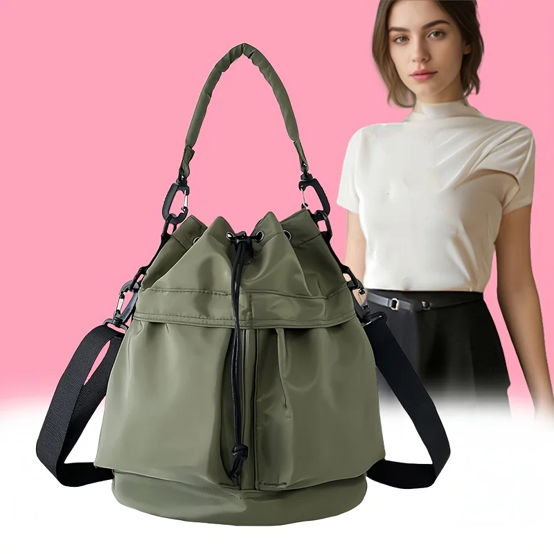 1 قطعة حقيبة دلو نايلون للسيدات مع إغلاق برباط للاستخدام اليومي غير الرسمي حقيبة كتف واحدة محمولة متعددة الطبقات خفيفة الوزن