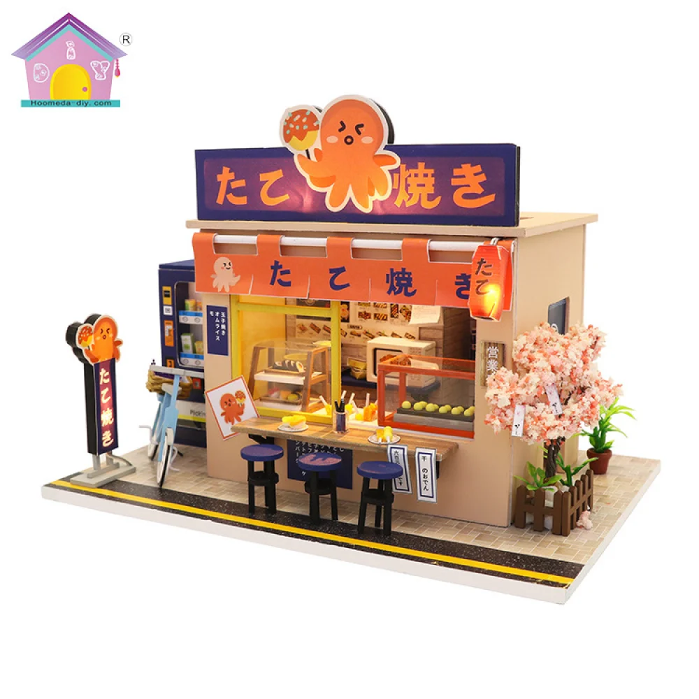 DIY Hut Creative Crafts Wooden Japanese-Style Assembled Dollhouse Kit Takoyaki Shop Miniature Doll House Toys for Girls