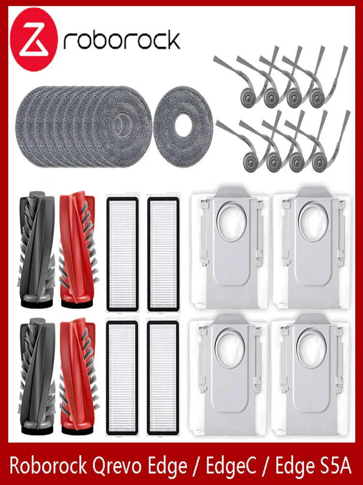 Pasuje do (Roborock Qrevo Edge / EdgeC / Edge S5A / 5V1 / Curv) Części zamienne do odkurzacza: Szczotka główna, szczotka boczna, filtr HEPA, mop, worek na kurz — 2