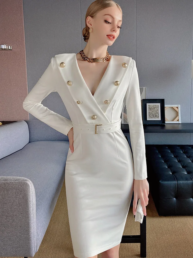 Dabuwawa Spring Autumn Dress Female Vintage Women V-Neck Long Sleeve Double Breasted Belt High Waist  Knit Dress 2023 DF1CDR042