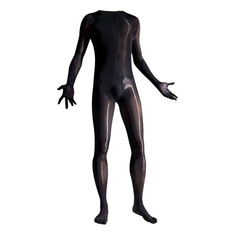 Sexy Men Ultrathin Sheer Glossy Bodystocking Penis Sheath Cock Pouch Tights Five Finger Gloves Bodyhose Back Opening Bodysuit