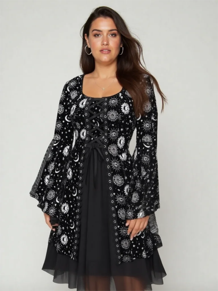 Vestido gótico sol lua estrela estampado com mangas alargadas rendas até estilo linha a em camadas para mulheres vestidos de gola quadrada de outono