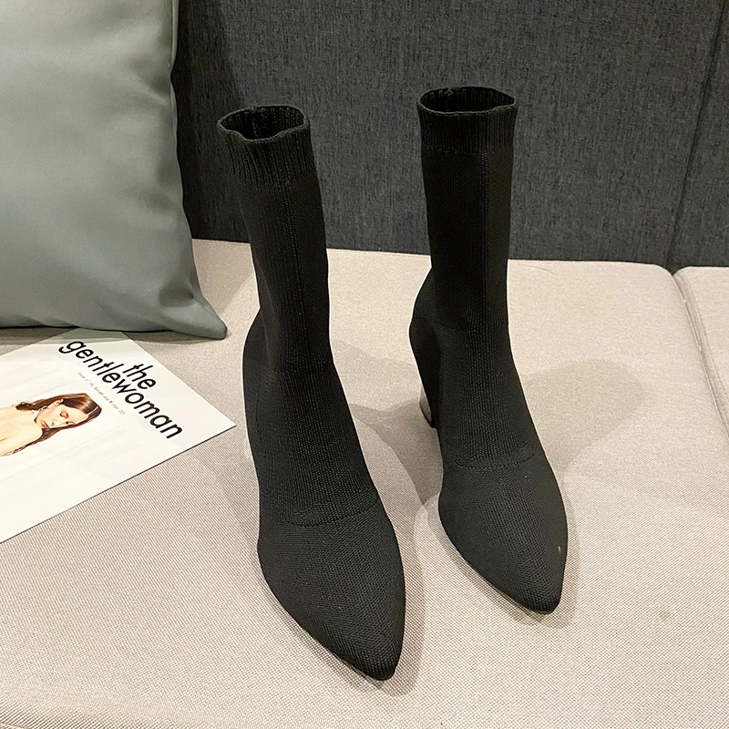 Moda malha elástica apontou grossas botas calcanhar