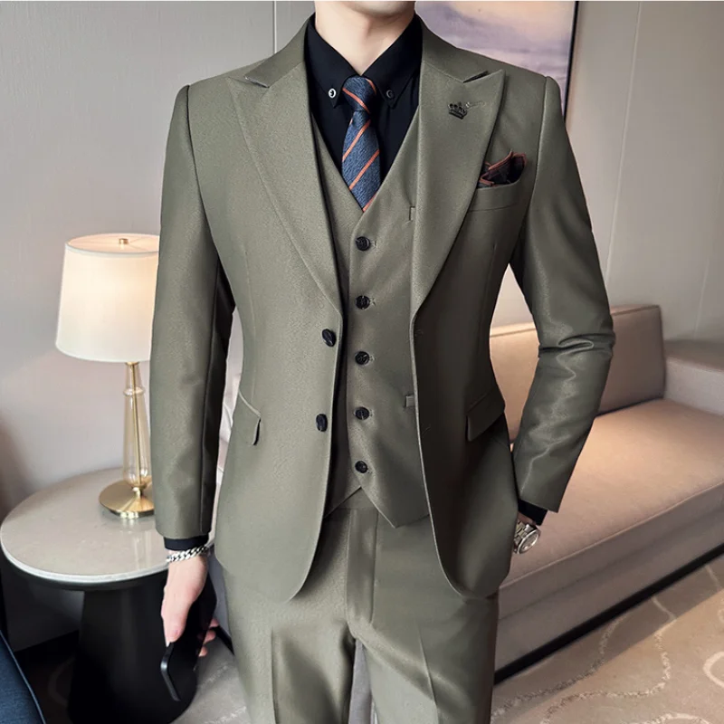 ( Jacket + Vest + Pants ) 2023 Spring Luxury Men High-end Suit Formal Groom Wedding Tuxedo Mens Work Party Slim Fit Suit 3 Piece