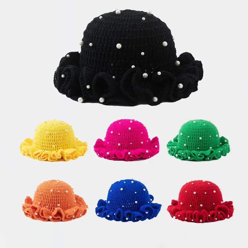 

Spring and Autumn New Lotus Leaf Edge Pearl Pot Hat Lace Curled Edge Thickened Knitted Warm Hand Woven Woolen Hat