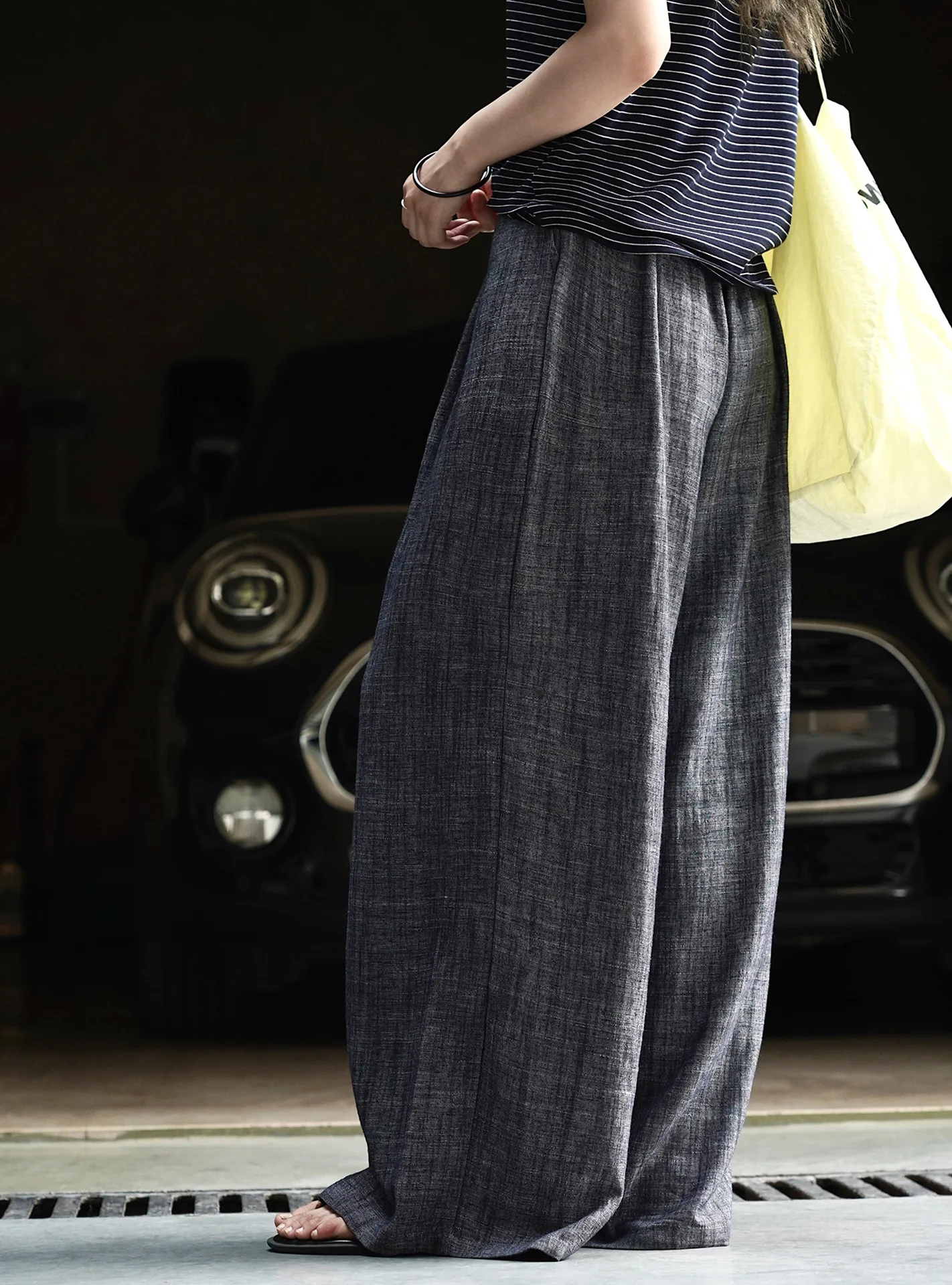 Woman classic black grey trousers with straps
