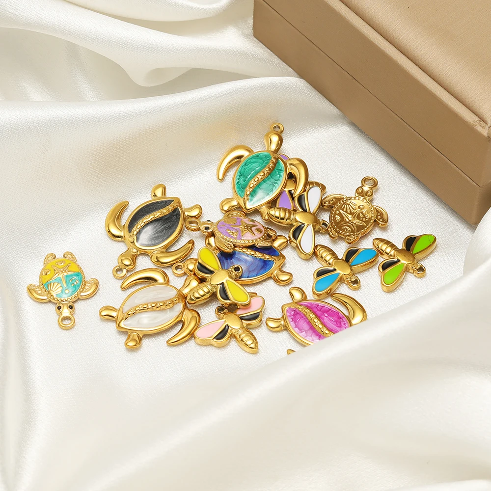 5pcs 스테인레스 스틸 에나멜 거북이 골드 참 절묘한 거북이 펜던트 DIY 쥬얼리 목걸이 결과 팔찌 귀걸이 만들기