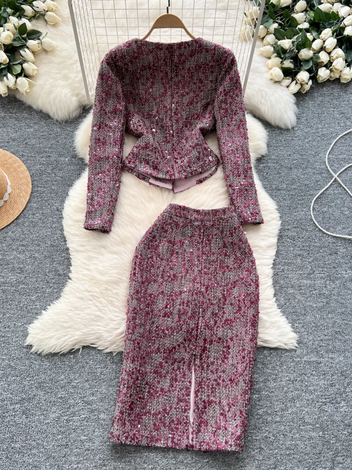 Celebrities Style Autumn Clothes Two-piece Sets Women\'s Clothing High-end Round Neck Sequined Jacket and Slim-fitting Skirt