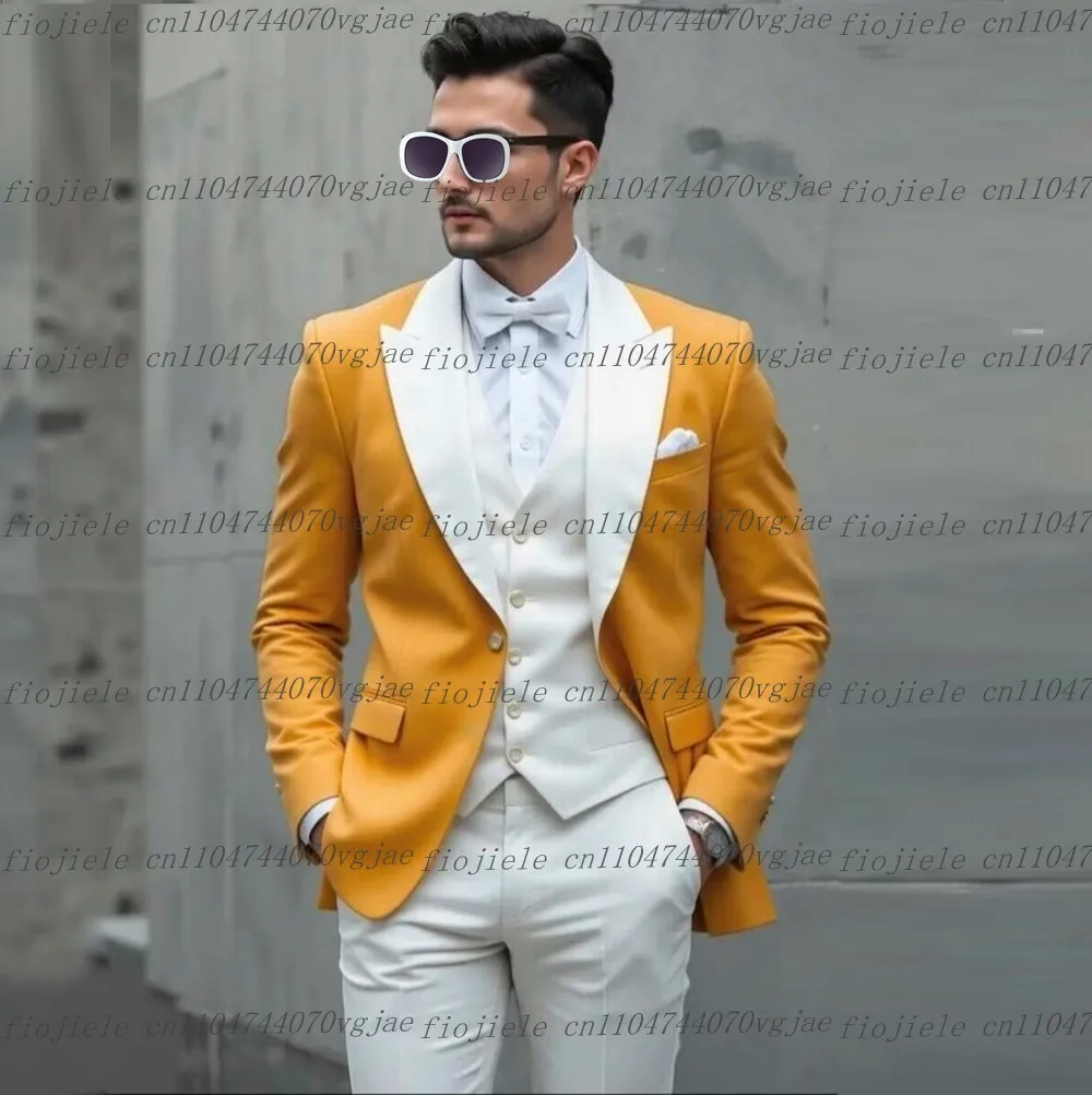 

Желтый и белый мужской костюм, официальная свадебная вечеринка, жених, жених, деловые мужские смокинги, индивидуальный комплект из трех предметов, куртка, жилет, брюки