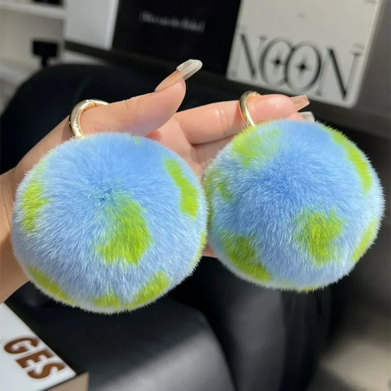 Cute Little Earth True Rex Rabbit Hairball Car Keychain Pendant Personalized Blue Pom-pom Book Bag Pendant Gift Cute Keychain