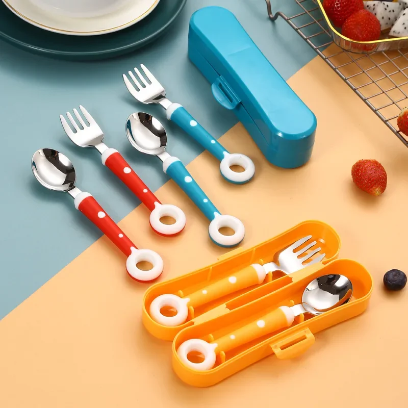 Children Utensil Cute Circle Cutlery Gadget Baby Tableware Set Food Feeding Spoon Fork Stainless Steel Infant Toddler Dinnerware