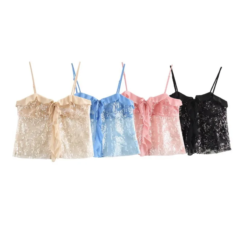 Topenomi Sexy Sequins Camis Crop Top Women Spring Summer Sweet Sleeveless Spliced Ruffle Slim Fit Vest Backless Fashion Tanks