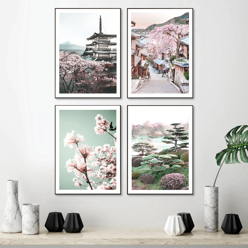 أزهار الكرز اليابانية معبد قرية المشهد قماش اللوحة الملصقات والمطبوعات صور فنية للجدران غرفة المعيشة ديكور المنزل