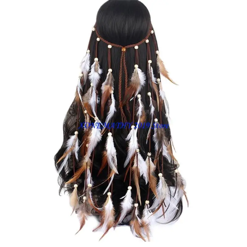 

F42F Ethnic Tie Head Headband with Tassels Headwear Indian Headdress