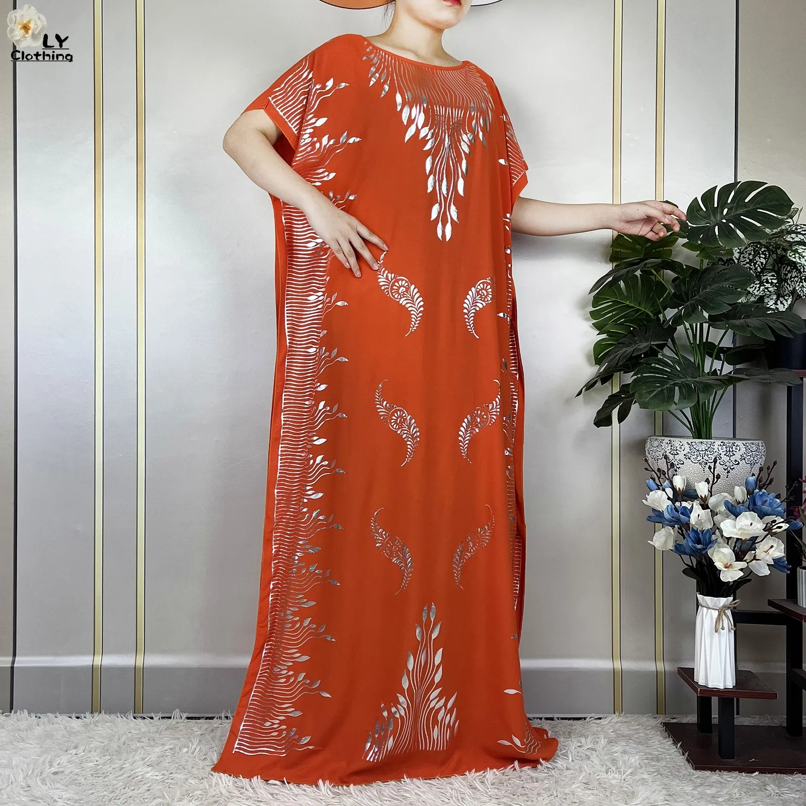 New African Summer Femme Short Sleeve Dress Cotton Gilding Dubai Kaftan Islam Women Dress With Big Scarf Loose Casual Clothes