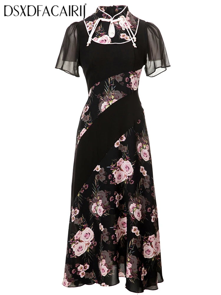 

DSX ACAIRIJ Women's Stand Collar Short Sleeve Dress Flower Print Beaded Chinese Style Fashion Summer Female Clothing