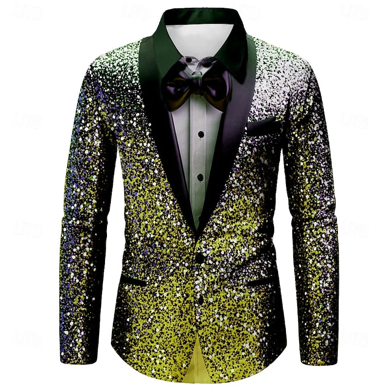 Christmas Men's Christmas Shirt Fashion Casual Party Long Sleeve Christmas Lapel Glitter Premium Men's Clothing