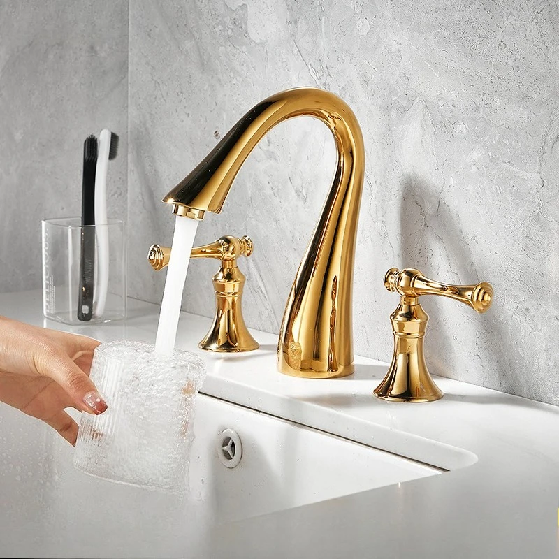 European Style Copper Gold Double Handle 3 Hole Basin Mixer Tap Bathroom Sink Faucet