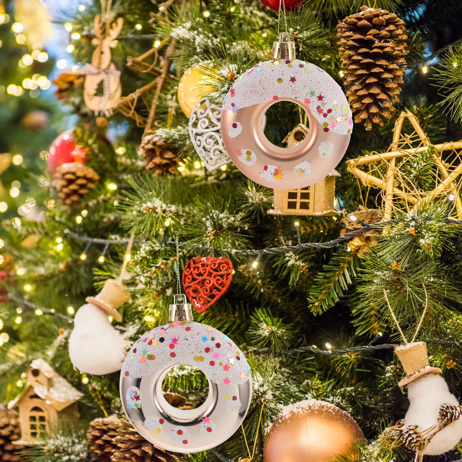 

4 Pcs Donuts Christmas Ball Pendant Crafts Unique Ornaments Sweets Festival Decoration Hanging Rose Gold Decorations