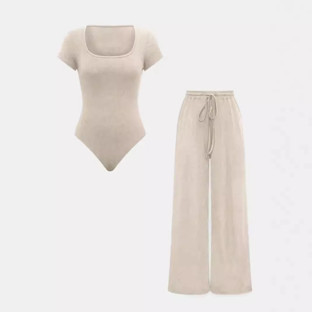 

Simple Solid Color Slim Pants Sets Women Short Sleeves Bodysuit Drawstring Trousers Two Piece Set Fashion Casual Female Clothing