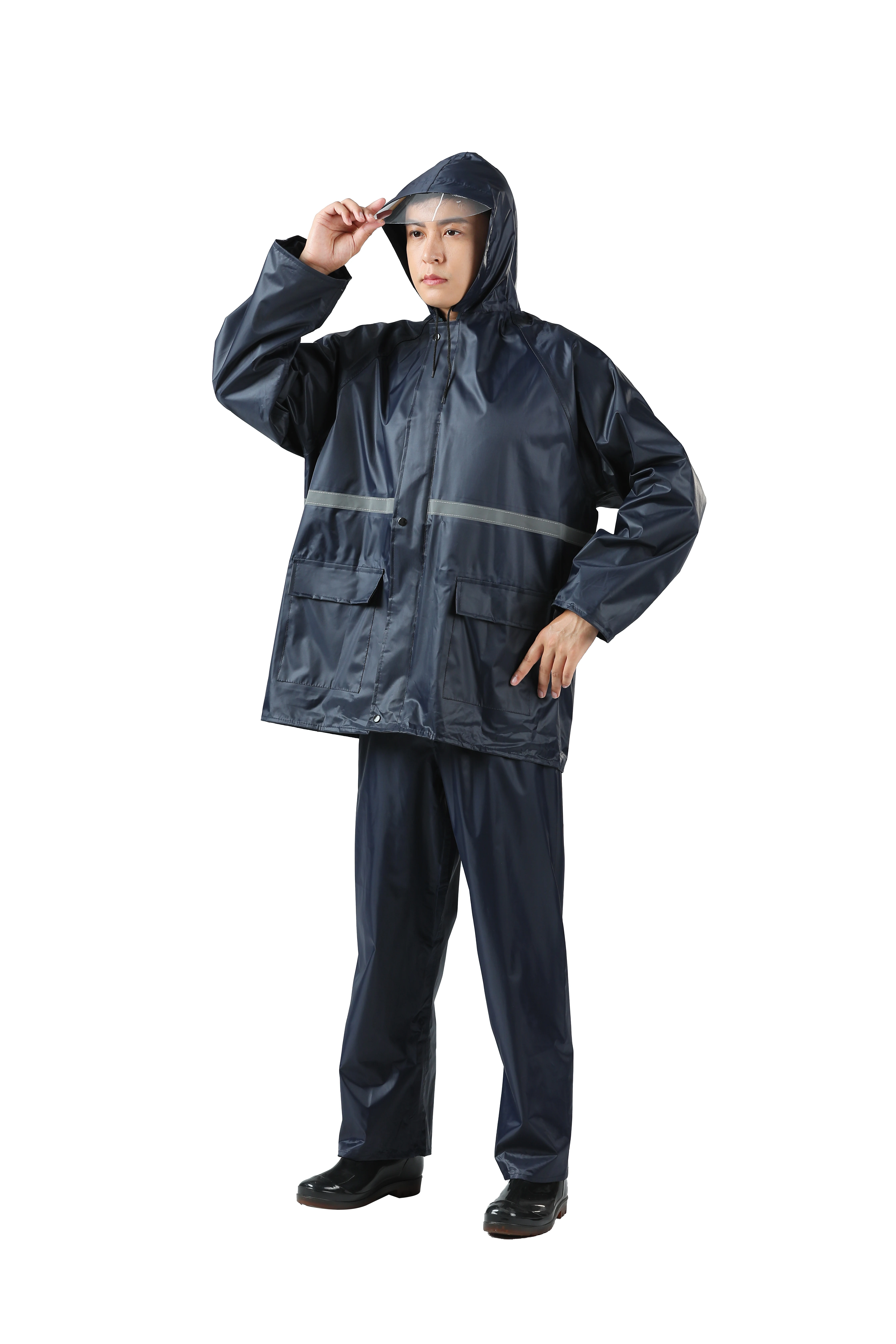 Rain Suit Waterproof 2 Piece Hooded Jacket with Clear Visor and Pants Reflective Storm Flap Rain Gear Men