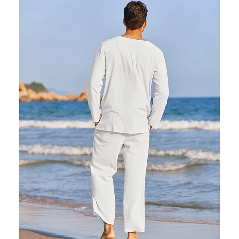 White Linen Trousers Men s Summer Cotton Linen Clothes Solid Color Long Sleeve Henley Shirt Elastic Waist Drawstring Pants 2