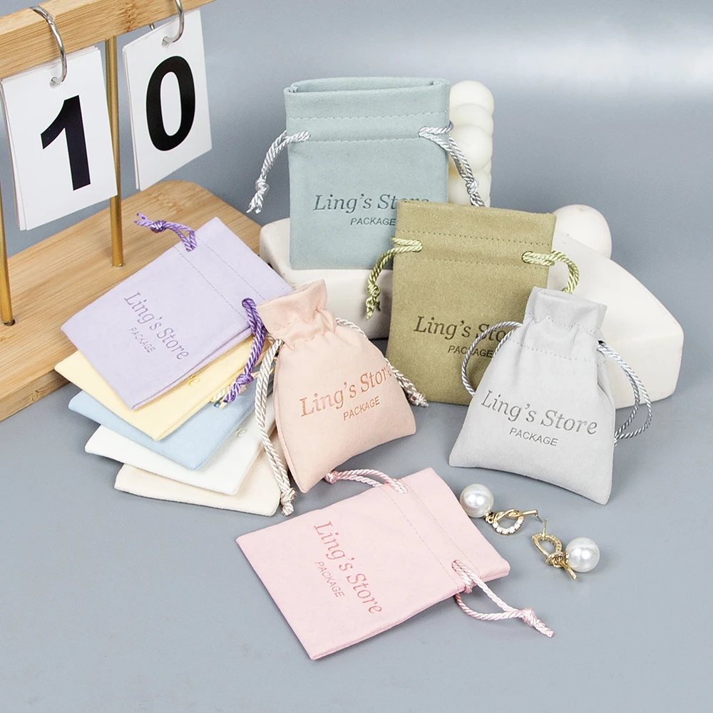 

100Pcs Custom Logo Jewelry Microfiber Drawstring Bag Wedding Favors Ring Earrings Cosmetic Perfume Candy Goodies Packaging Pouch