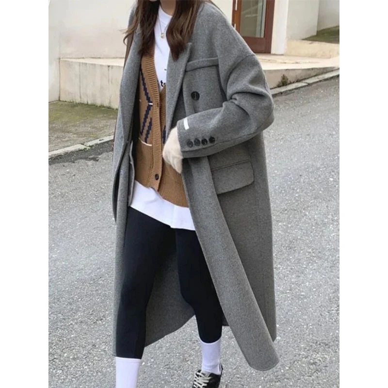 Winter Long Wool Coat Women Thick Warm Wool Jacket Female Korean Fashion Loose Outwear Ladies Casual Long Sleeve Cardigan Coats