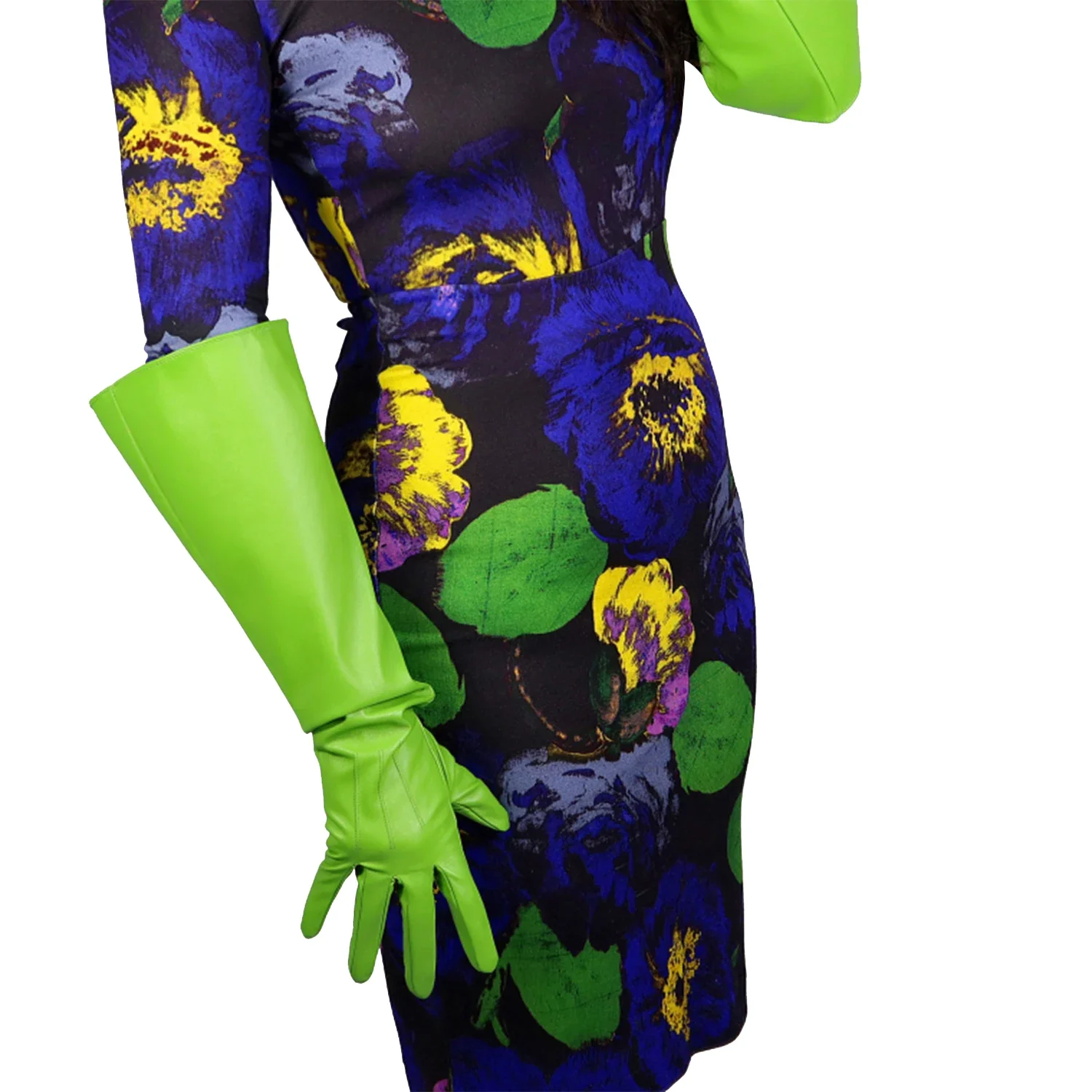 

Длинные кожаные перчатки цвета яблочной зелени, модные, с пышными рукавами, из искусственной кожи (ПУ), 20 дюймов (50 см), для рождественских вечеринок, косплея, оперных костюмов