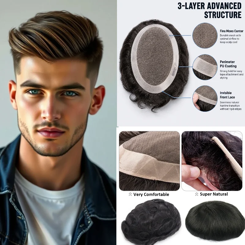 Human Remy Hair D7-3 Mono Base Men Wig 8x10 6inch 30mm Wave Mono+NPU Handmade Remy Hair For Easter 72H Dropship Free Tape