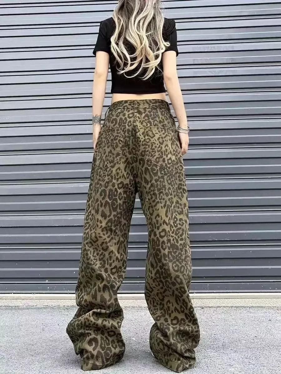 Frauen Denim Hosen Herbst Frühling Leopard Print Breite Bein Jeans Vintage-Mode Weibliche Hohe Taille Beiläufige Gerade Jeans Hosen