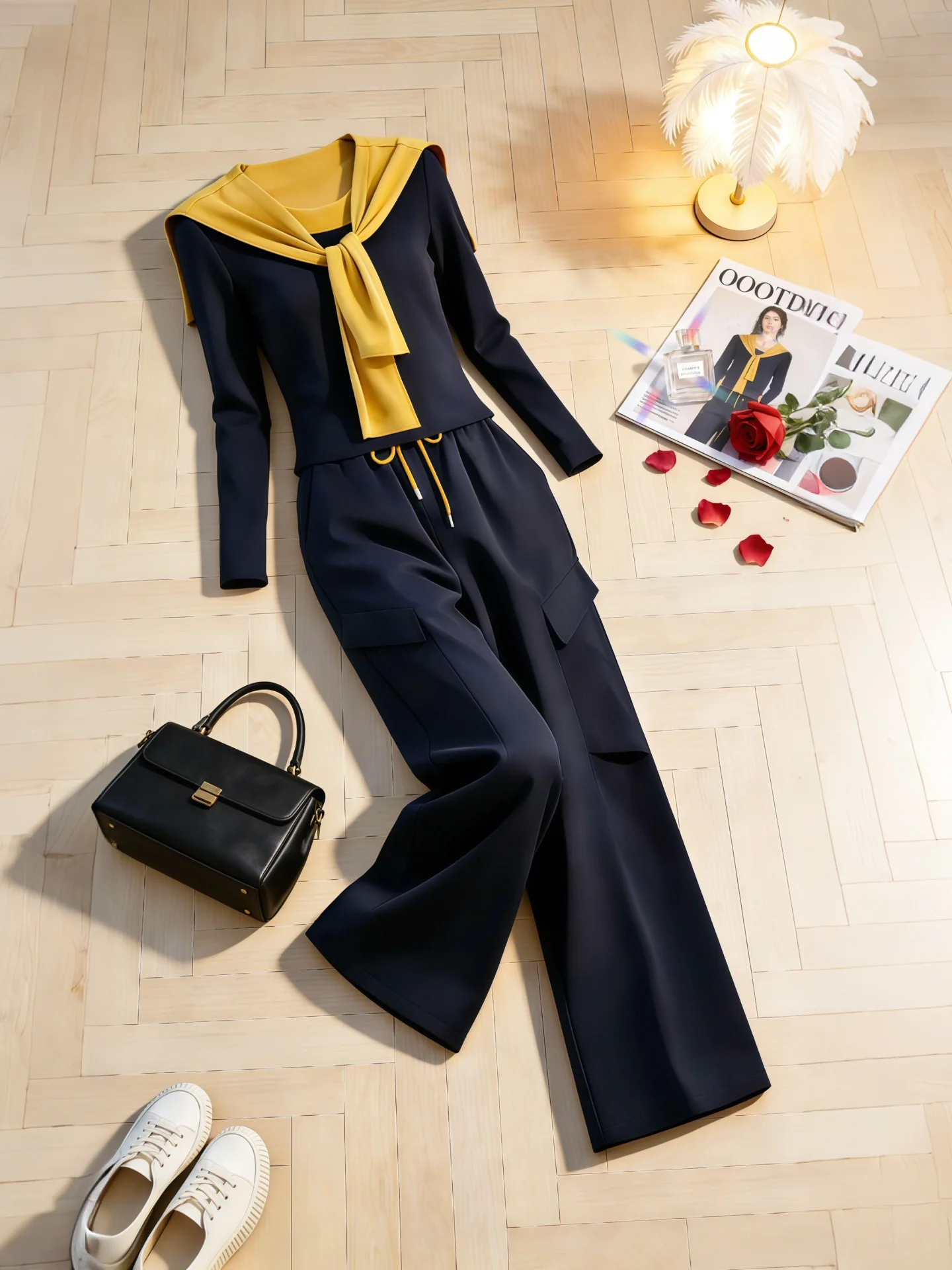 

Fashionable High Waist Wide Leg Pants Set Women's Shoulder Drape Top And Pants Two Piece Suit Spring Autumn Trendy Outfit