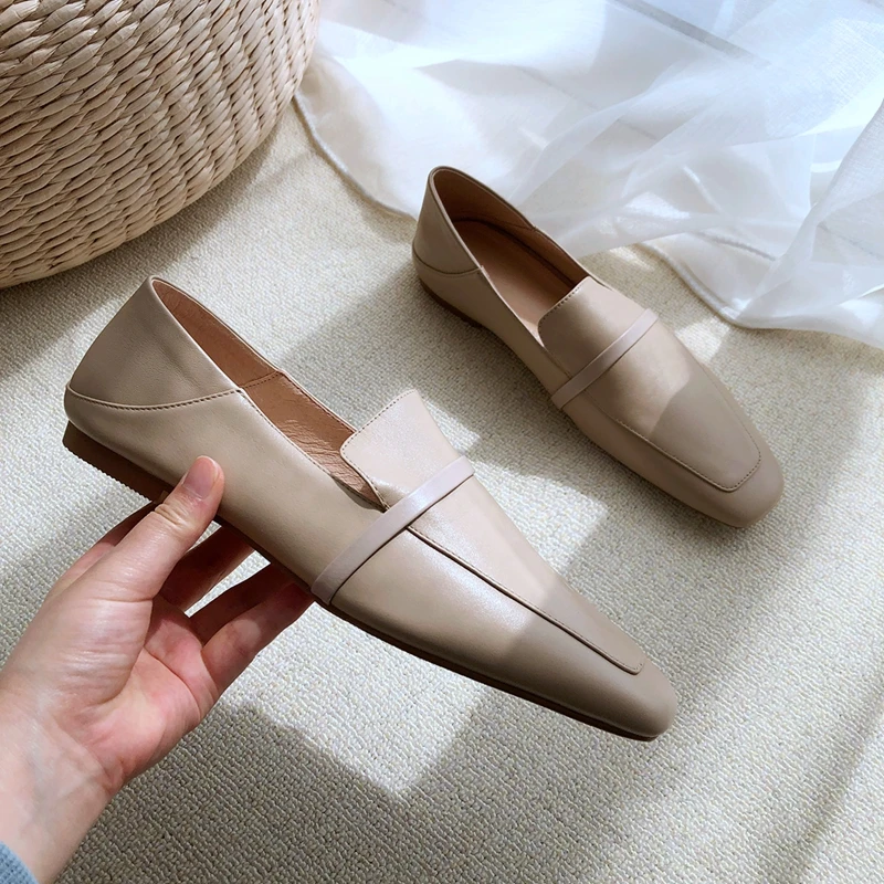 Cow Leather Square Toe Women Flats Casual Loafers Women Shoe Without Heel 2023 New Spring Autumn Mules Woman Simple White Shoes