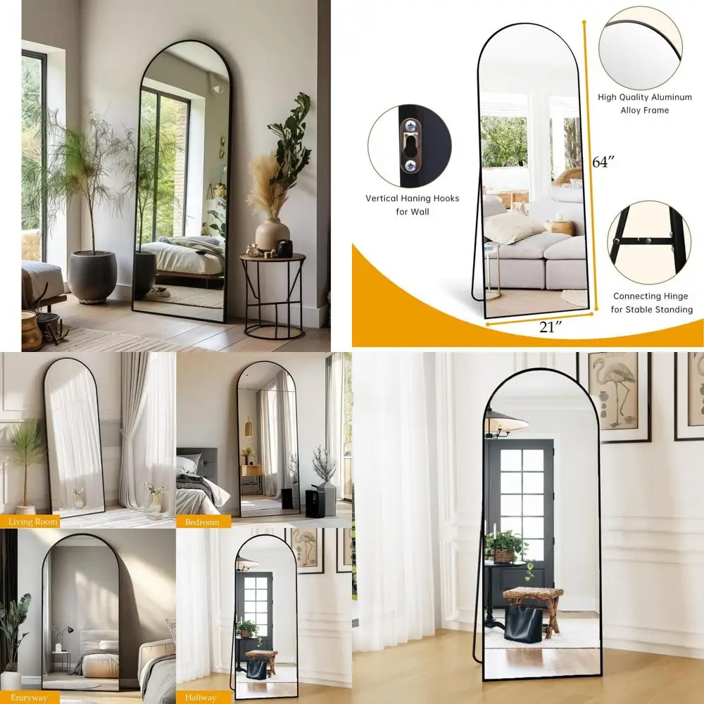 Large Standing Floor Mirror with Stand, Arched Full Length Mirror for Bedroom, 64x21, Ideal for Full Body Reflection and Leaning