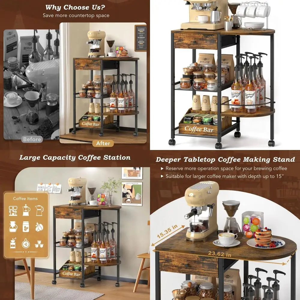 

Мобильная коричневая станция для кофе-бара в деревенском стиле с ящиком для хранения, глубина 15,35, подходит для кухни, офиса, гостиной