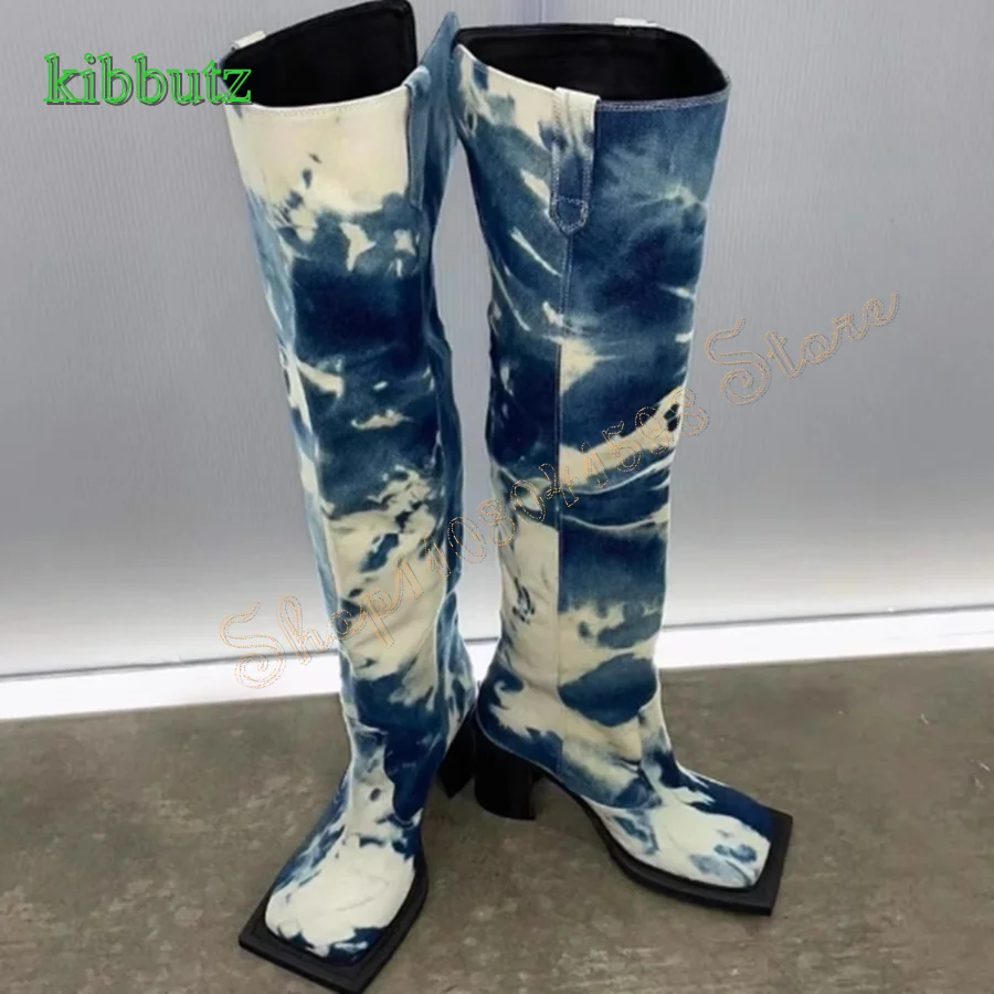 Colorblock Suede Over The Knee Boots,Flat Toe Thick Heel Straight Boots Camping Party Women Boots 2023 New Zapatos Para Mujere