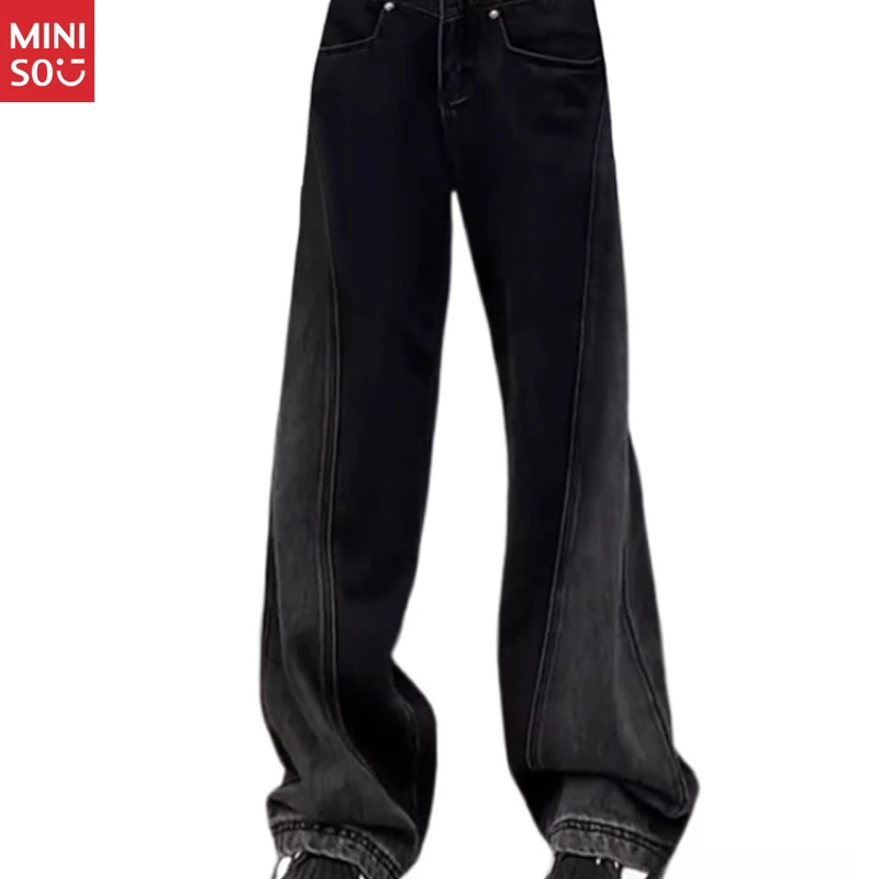 Miniso Plus Size Jeans mit geradem Bein, birnenförmiger Denim, schmale, weite Hose mit hoher Taille