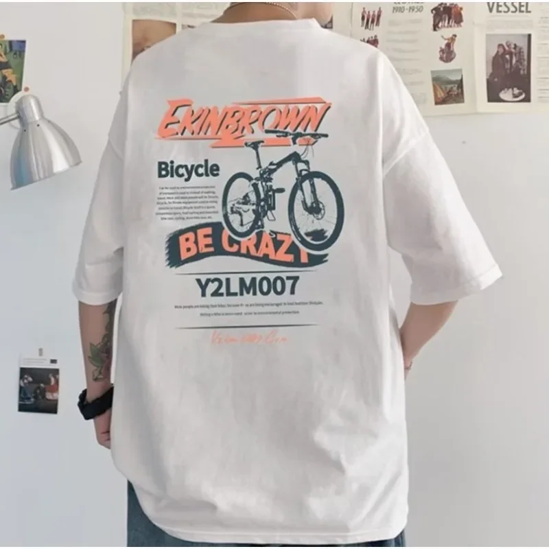 M-8XL Men Oversized Korean Fashion Loose American Vintage Bicycle Letter EKN Print Short Sleeve Versatile Trend Couple Outfit