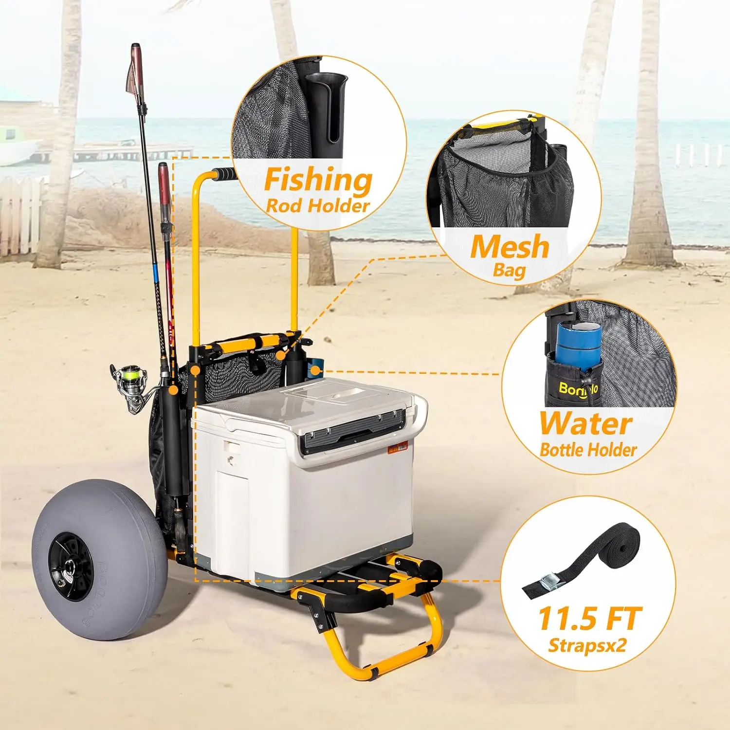 Bonnlo Beach Fishing Cart, Beach Wagon Trolley with 12" Big Balloon Wheels, Foldable, Orange, Aluminum Frame & Handle, 23" x 15" Cargo Deck, Fishing Rods & Water Bottle Holders, Mesh Bag, Hand Pump view 6