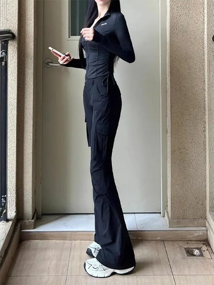 

Women's Slimming Flare Cargo Pants Summer Lightweight Quick Dry Ice Silk Trousers Vintage Style Black Workwear