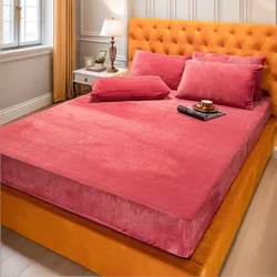 WOSTAR Winter warm velvet fitted sheet elastic mattress cover fluffy coral fleece bed linens couple luxury double bed king size