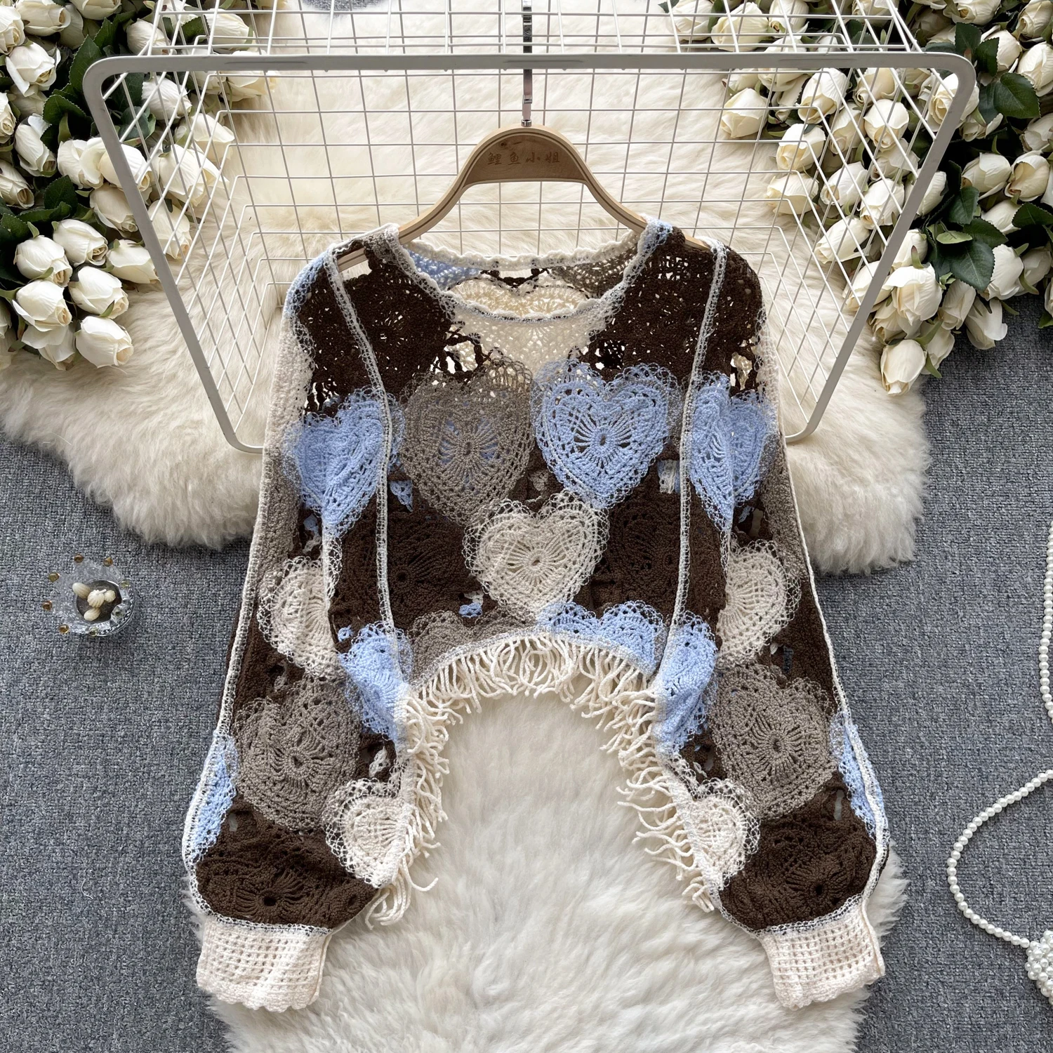 

Vintage Casual Loose Blouse Women O Neck Hook Flower Hollow Long Sleeved Tassel Design Autumn Streetwear Knitting Top