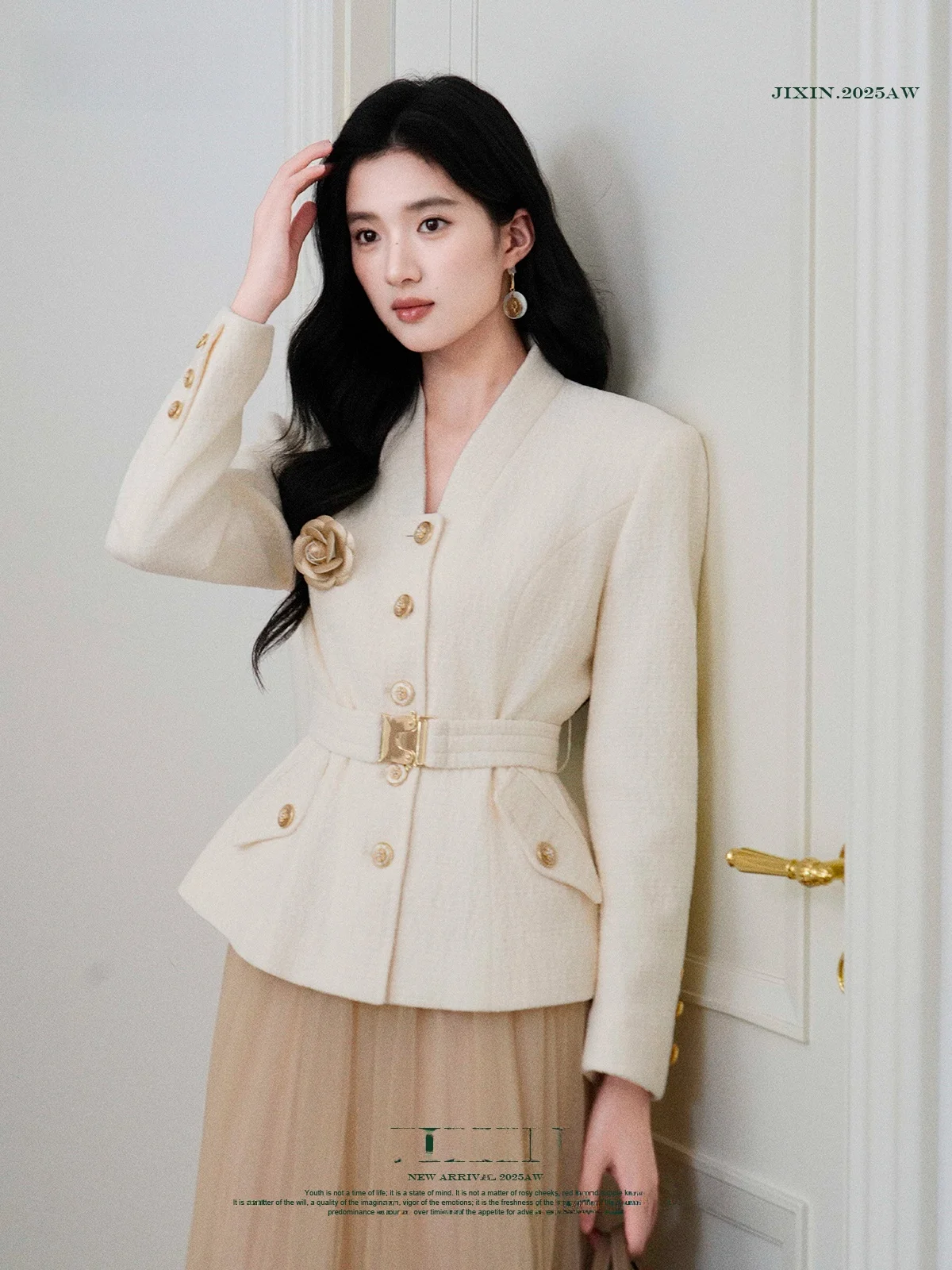 

Ele V-ne Woolen ort Coat Ladylike Waist-cinching Commute-friendly Autumn Winter Faion Luxury Sle Button-up Top