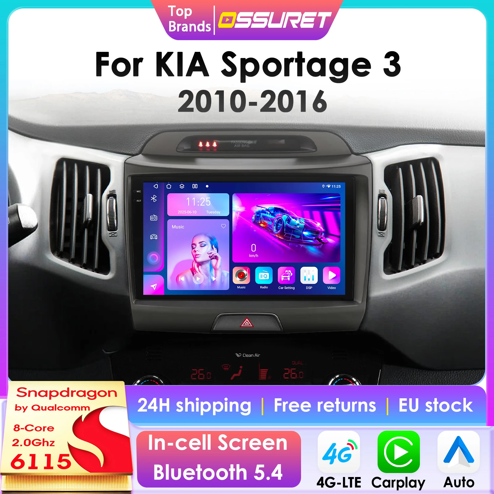 360-Grad-Kamera 2Din Android 14 Autoradio für KIA Sportage 3 2010-2016 Auto-Multimedia GPS 4G Carplay Intelligenter Bildschirm Autoradio 6115