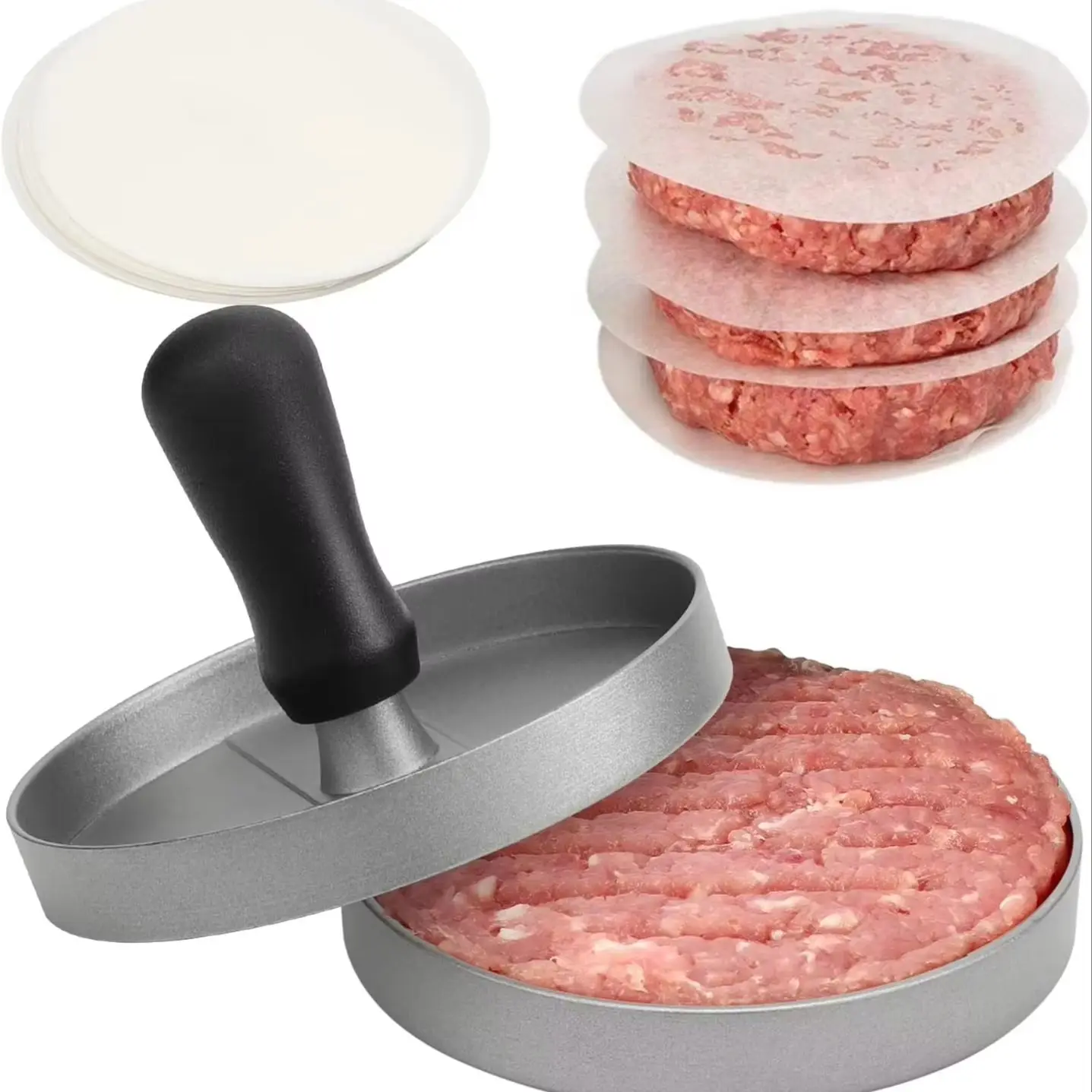 Aluminiowa praska do burgerów z 100 arkuszami papieru woskowanego, nieprzywierająca praska do mięsa, praska do hamburgerów, urządzenie do robienia burgerów na grilla, do pieczenia, do burgerów — 2