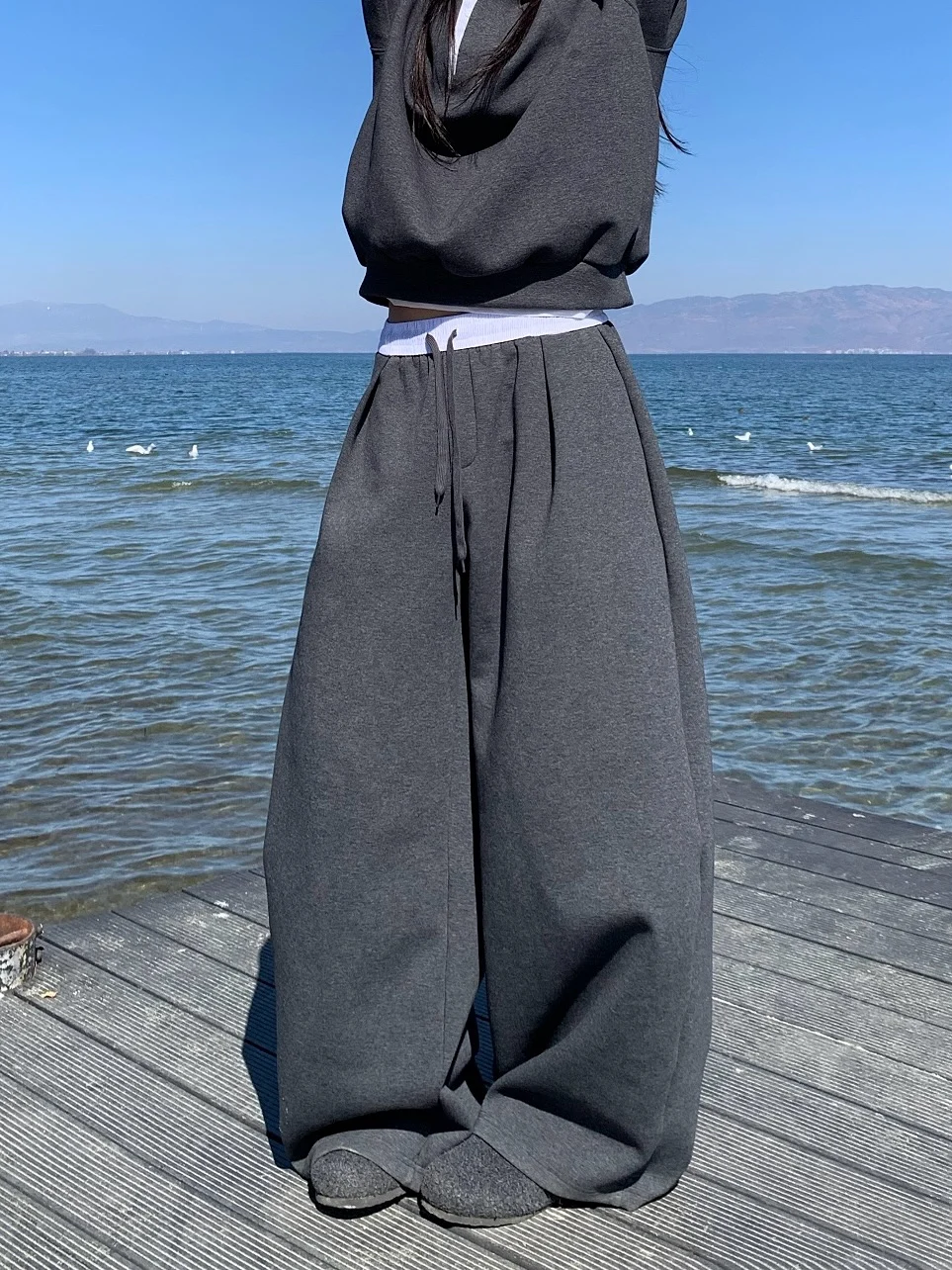 

Американские ретро-спортивные брюки с широкими штанинами, повседневные прямые брюки с завязками, свободного кроя, из смесового хлопка