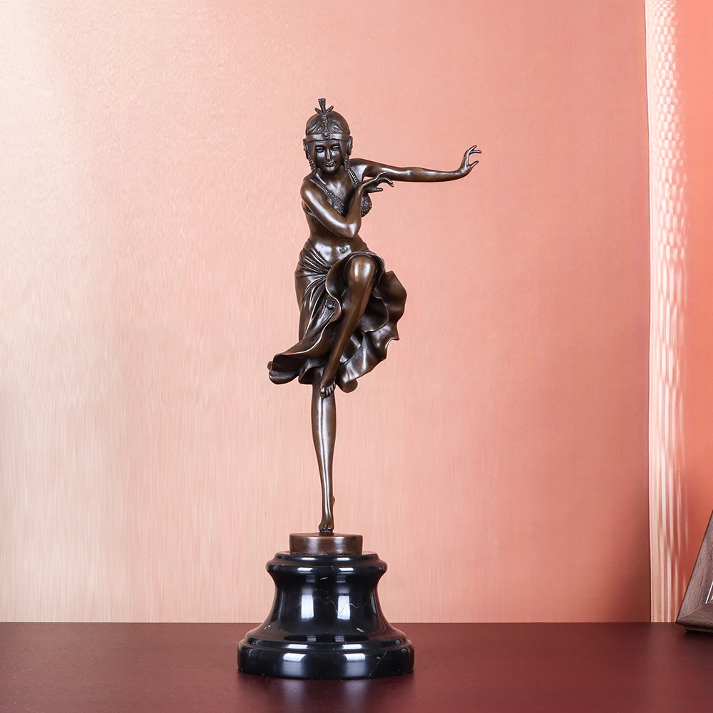 Girl in Dress Dance Bronze Sculpture Female Modern Dancer Statue Vintage Art Figurine Living Room Decor