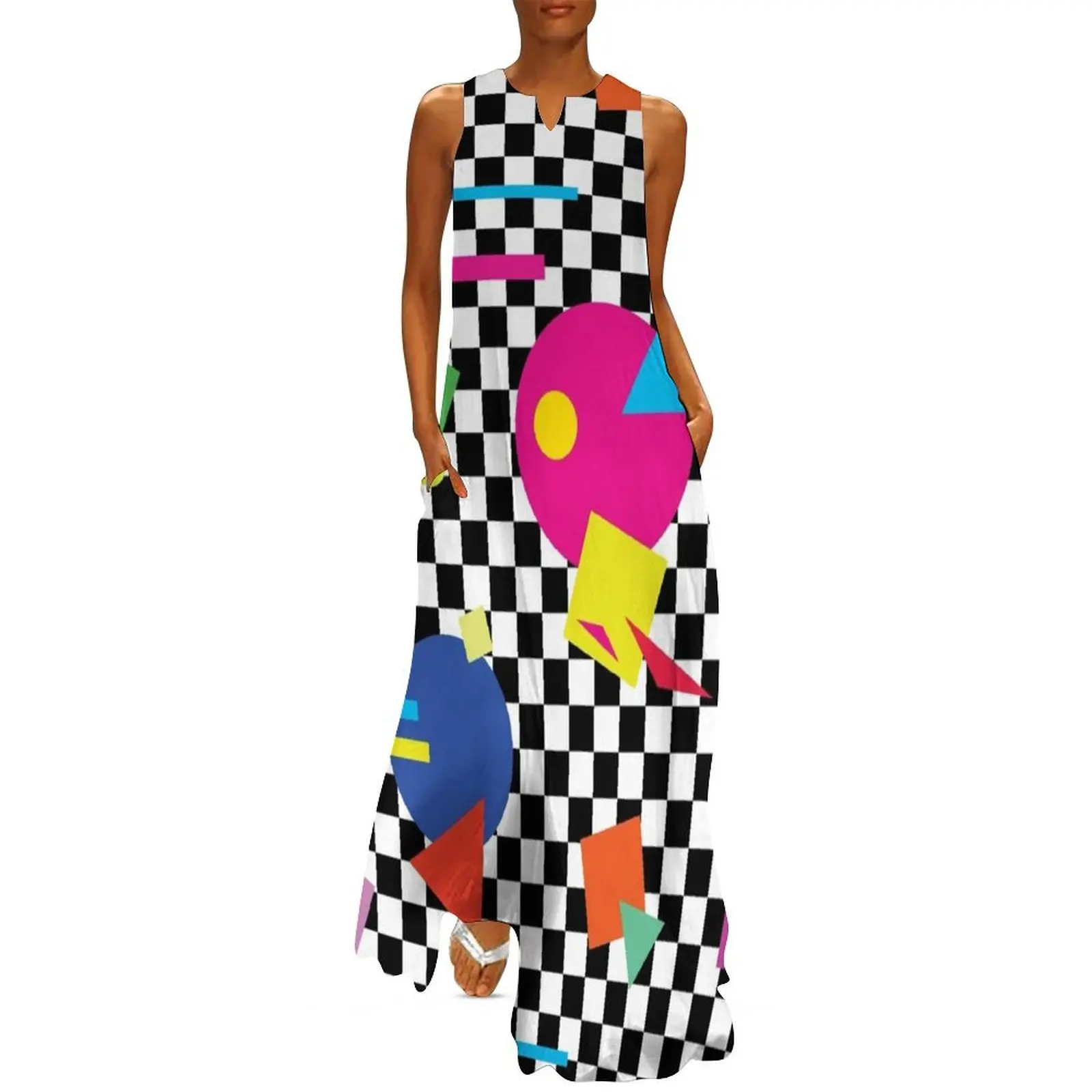 

Retro Classic 1980s Shapes On Black and White Check - Retro Shapes #1 Long Dress prom dresses 2024 long sleeve dresses