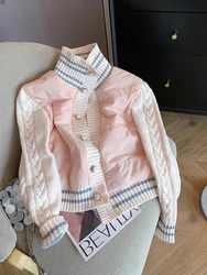 2024 giacca imbottita in cotone rosa piccola fragranza donna autunno inverno cuciture a contrasto cappotto lavorato a maglia colletto Casual tuta da Baseball